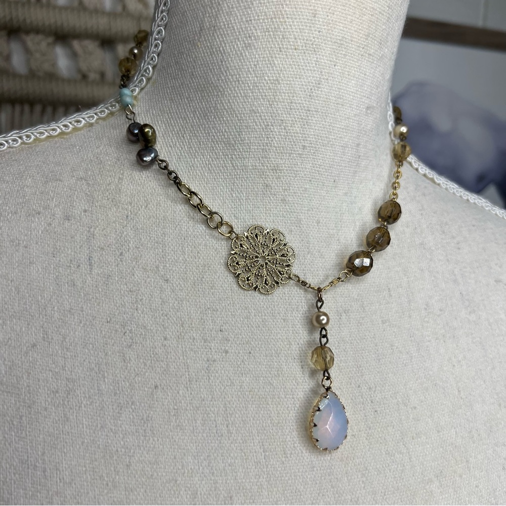 Handmade vintage and new pieces mixed up-cycled necklace with real stone pendant